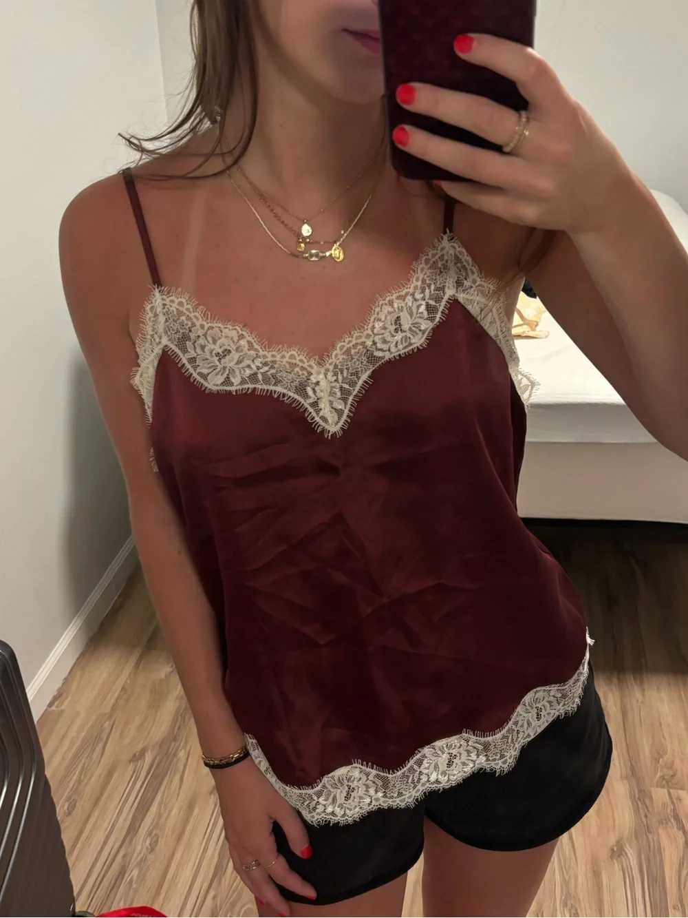 Lace Trim Satin Camisole Tank Top - Burgundy